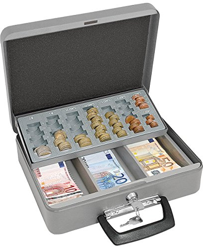 Wedo 149658012 Geldzählkassette Standard (pulverbeschichtetes Stahlblech, mit Tragegriff und 3-Fächereinsatz für Geldscheine, Zylindersicherheitsschloss, 30 x 24 x 9 cm) grau