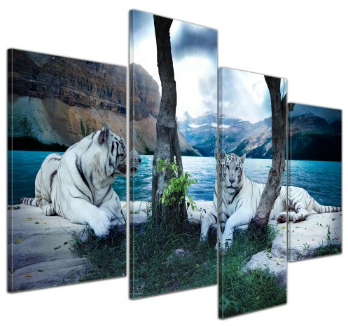 Bilderdepot24 Bild auf Leinwand | Tiger II in 120x80 cm 4 tlg. als Wandbild XXL | Wand-deko Dekoration Wohnung modern Bilder | 15143