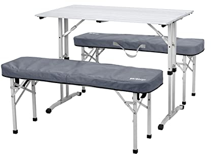 BERGER Campingtisch Set mit 2 Alu-Bänken und 2 Bankauflagen 90 x 52,5 cm | Klappmöbel Set aus Aluminium inkl. Tragetasche | Camping Tisch klappbar Klapptisch Gartentisch Balkontisch faltbar