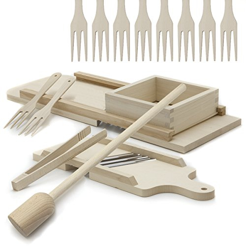 HolzFee Krauthobel Gurkenhobel Set 66 x 24 cm + 44 x 16 cm mit Krautstampfer, 10 Krautgabeln, Gurkenzange