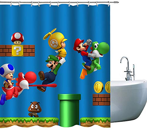 Kinder Cartoon Duschvorhänge Super Mario, 3D-Druck Kinder Duschvorhang, Kinder Junge Bad Dekor Stoffvorhänge Sets mit Haken, 180,3 x 180,3 cm