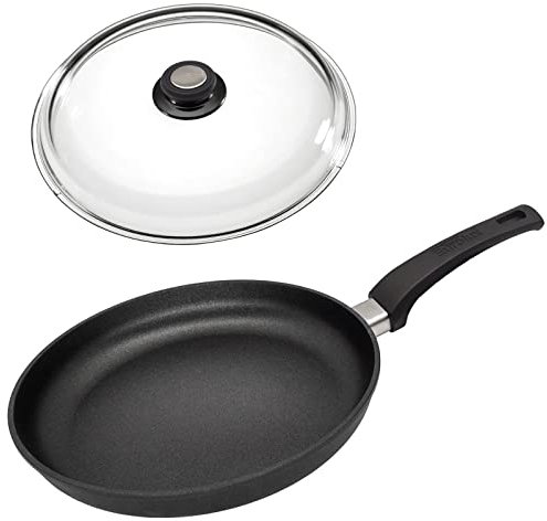 Eurolux leichte Guss-Pfanne Ø 28 cm Induktion Set mit Glas-Deckel - flacher 4.5 cm Rand - runde große Alugusspfanne mit Antihaft-Beschichtung - Made in Germany