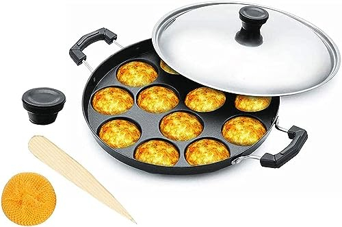 YADNESH Antihaft-Appam-Pfanne, Appam Maker 12-Loch-Appam-Maker, Appam-Patra-Antihaftbeschichtung, Appam Patra-Paniyaram-Antihaftschale mit Edelstahldeckel