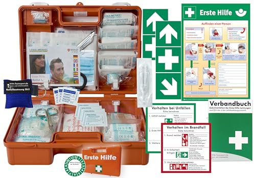 Verbandskoffer/Verbandskasten (M) Typ N -Komplettpaket- Erste Hilfe nach aktueller DIN 13157 für Betriebe -DSGVO- INKL. PERFORIERTEM VERBANDBUCH + Notfallbeatmung & AUFKLEBER + Aushang