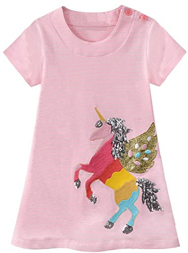 Baogaier Robe Filles Robes Enfant Rose Licorne Rayure Animal Paillettes Broderie Applique Brillante T-Shirt Coton Manche Courte Été Tunique Elegante Chemise Casual Anniversaire Vêtements 3-4 Ans