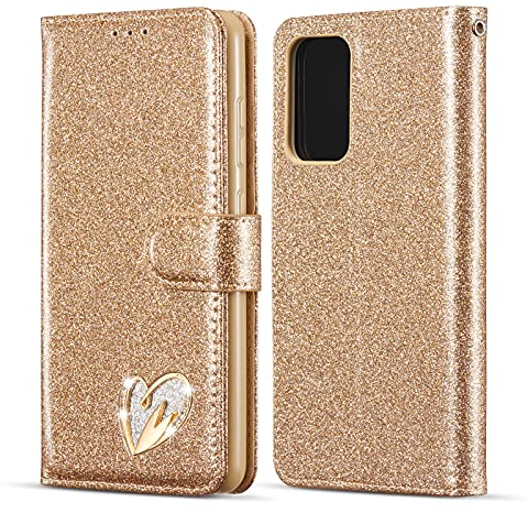 QLTYPRI Hülle für Samsung Galaxy A52/A52S 5G, Glitzer Handyhülle PU Ledertasche TPU Etui Handschlaufe Kartenfach mit Eingelegten Liebe Herz Diamond Flip Schutzhülle für Samsung A52/A52S 5G - Gold