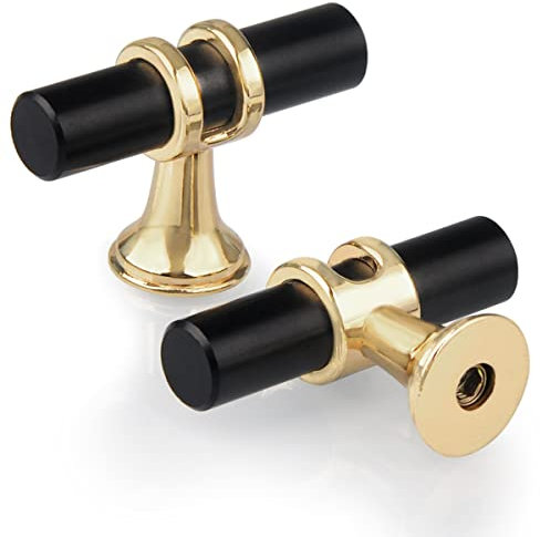 YODB 10pcs Kitchen Cupboard Knobs Single Hole, Drawer Pull Knobs for Chest of Drawers Zinc Alloy Solid Cabinet T Bar Handle for Wardrobe Furniture Sideboard with Screws - Black with Golden Base
