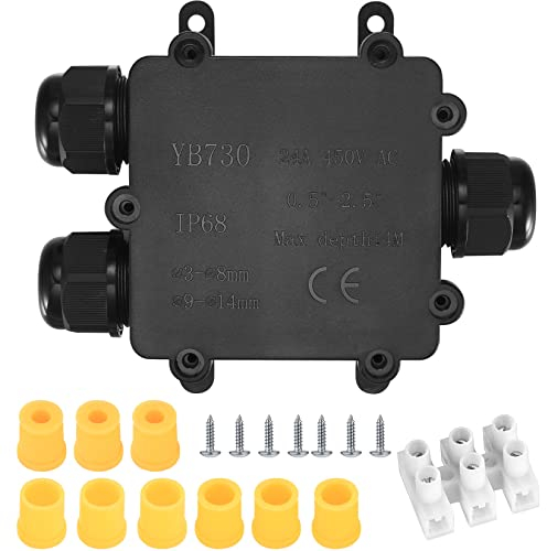 Newoutset IP68 wasserdichte Abzweigdose, 3 Wege Kabelverbinder, externe Verteilerdose Außen, Leitung PA9 Kabelbox Drahtverbinder Drahtbereich 3-8mm & 9-14m Klemmen Wasserdicht(Schwarz)
