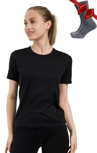 Merino.tech 100% Merino T Shirt Damen - Merinowolle Sport Wandern Thermoshirt Damen + Wandersocken (Large, Black Crewneck)