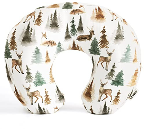 GRSSDER Nursing Pillow Cover Stretchy Minky Removable Nursing Covers for Breastfeeding Pillows, Ultra Soft Comfortable Slipcover for Boy and Girls, Stylish Watercolor Forest Deer and Leaves