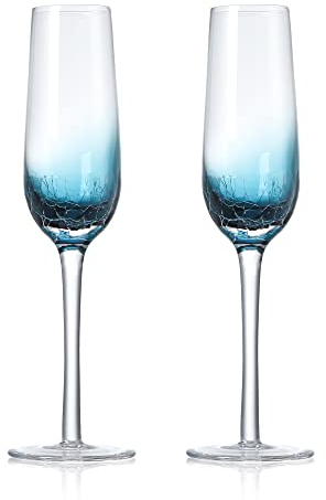 Joeyan Handmade Blue Crackle Champagne Flutes Glasses,Unique Aesthetics Glassware Art Decoration,Home Bar Essentials and Gifts for Wedding Anniversary,Set of 2,6.5 oz