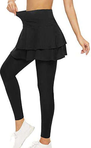 WOWENY Damen Tennisrock mit Leggings Sportskort Laufskort Hosenrock Knöchelläng mit Taschen Capris Tennisbekleidung 2-in-1,Schwarz,M