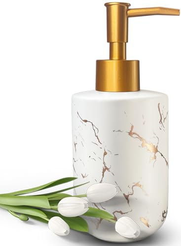 Distributeur de savon en céramique dorée avec motif marbré – Distributeur de savon liquide pour les mains avec pompe (blanc)