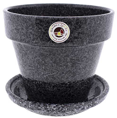 CERÁMICA ESPAÑA | Macetas de Barro Rojo | Macetas Decorativas | Macetas de cerámica | Macetas Exterior | Decorado Moteado Gris - D03 | Decoración 100% Hecho a Mano | 20x20x18 cm | Plato Incluido