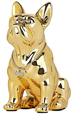 SHENGTIAN Französische Bulldogge Deko Statue – Harz Hundeskulptur mit Silber Halskette – Deko Figur für Wohnzimmer, Büro, Flur und Schlafzimmer(plattiert Gold,23cm)
