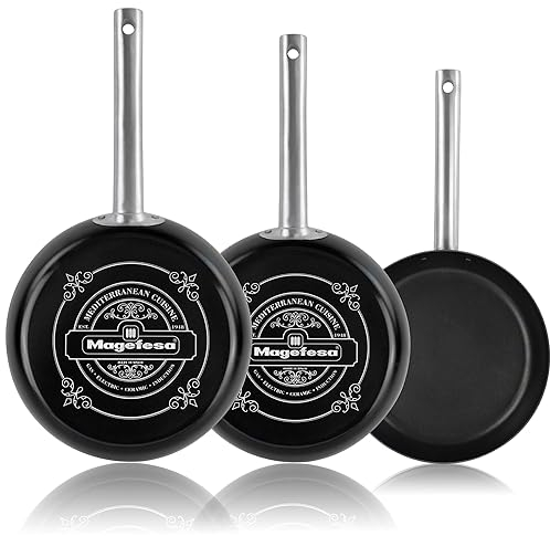 MAGEFESA Ares Juego 3 Sartenes Inducción 20-24-28 cm, Antiadherente Libre PFOA, Mango Acero Inox. Profesional, Esmalte Exterior Negro, Diseño Vintage Retro, Acero Vitrificado ECO