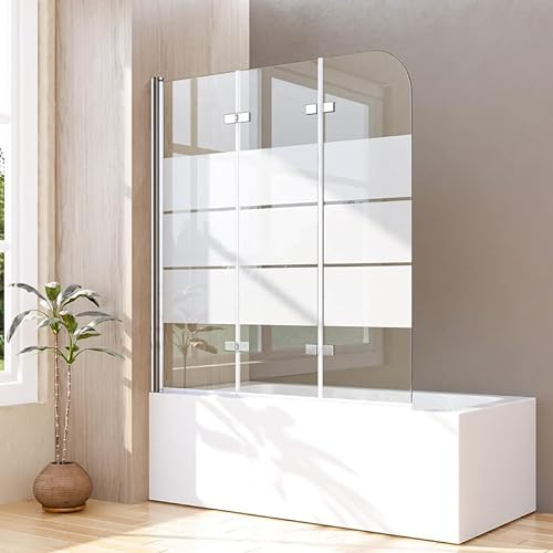 Goezes Duschwand für Badewanne 140x140cm 3-teilig Gestreift Faltbar Duschtrennwand, Streifenmuster Dreifaltigkeitstür Duschabtrennung 140cm Duschwand aus 6mm Sicherheitsglas