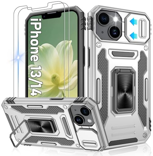 Jshru for iPhone 13/14 Case with Screen Protector [2 Pack] and Slide Camera Cover,Military Grade Shockproof Phone Case,Ring Kickstand Phone Cover,iP 13/14 Grey