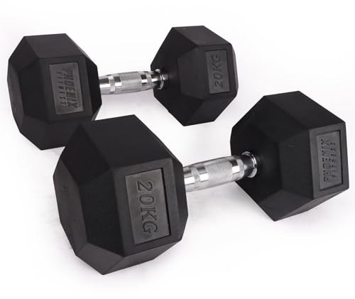 Phoenix Fitness Hex Dumbbells - Pair of Rubber & Cast Iron Hexagonal Dumbbell Hand Weights for Men and Women at Home & Gym - Weight: 20kg