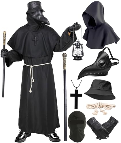 Pestdoktor Kostüm Herren Pestarzt Kostüm Karneval Mittelalter Steampunk Cosplay Pest Doktor Maske mit Mönchskutte Zepter Hut Handschuhe Plague Doctor Costume Outfit für Halloween Fasching Party 044S