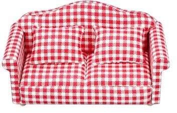 Qikam Miniatur-Sofamöbel, Miniatur-Sofa, Puppensessel im Maßstab 1:12 mit Kissen, Couch, Miniatur-realistisches rot Kariertes Möbelspielzeug für Puppenhäuser, Kinder, Erwachsene, Sammler