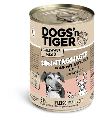 Dogs'n Tiger Sonntagsjäger Nassfutter Hund, Wild & Geflügel, 12x 400g | Hundefutter nass, mit Birne & Esskastanie, hoher Fleischanteil, getreidefrei, ohne Zuckerzusatz, ohne Konservierungsstoffe
