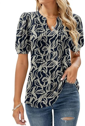 EFFAN Womens Tops Short Sleeve Summer T Shirts V Neck Elegant Floaty Floral Printed Tunic Blouse Floral_Navy S (UK 8-10)