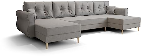 roe furniture Ecksofa mit Schlaffunktion 300x140x93 cm - Wohnlandschaft U Form - Kollektion Apollo U - Sofa U Form - Eckcouch mit Bettkassen - Grau