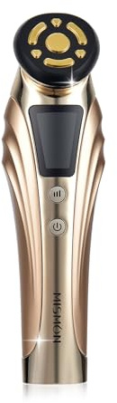 MiSMON Masajeador facial eléctrico para uso doméstico, con RF EMS, modo calor y frío, terapia de luz LED, reafirma la piel, mejora la hidratación de la piel, antienvejecimiento, MS-302C (dorado)