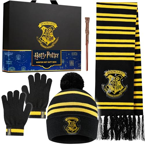 Harry Potter Conjunto Niña Invierno 4 Pzs Hogwarts con Gorros y Bufandas Guantes para Frio Bolígrafo Varita, Regalos Niños