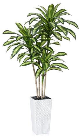 Fopamtri Künstlicher Drachenbaum 210 cm Kunstpflanze, Tropische Plastik Künstliche Pflanzenmit Weiß Hohem PflanzgefäßUV Geschützt für Outdoor Wohnzimmer Schlafzimmer Büro Garten Dekoration (1 Stück)
