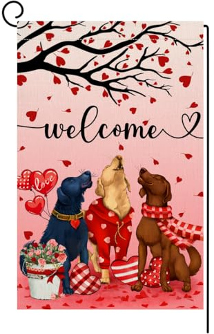 Garten Fahnen Liebe Hunde Rot Liebe Baum Frühling Bauernhaus Flagge Durable Flaggen Uv-Beständig Außenbanner Für Draußen Außenbereich Hof 30X45Cm