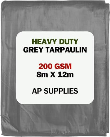 8m x 12m Grey Tarpaulin Cover - 200gsm Thick - Waterproof, Weatherproof, Frost-Resistant, UV Protection, Universal, Multipurpose, Groundsheet, Camping, Hiking, Heavy Duty Sheet