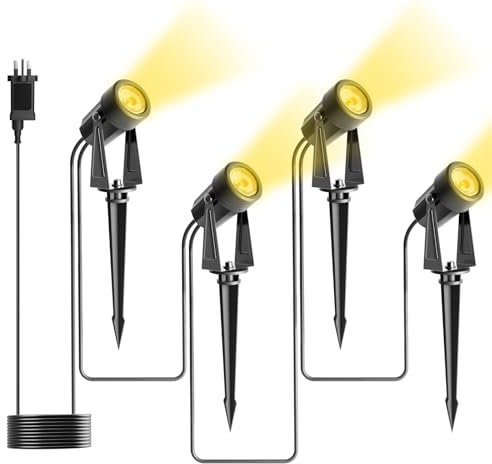 Bomcosy Gartenbeleuchtung, 14M/4er Set Gartenleuchte mit Erdspieß, DC 27V 600LM IP65 Wasserdicht LED Gartenstrahler mit Stecker, Warmweiß Scheinwerfer Gartenlampe Wegbeleuchtung Spot Außenbeleuchtung