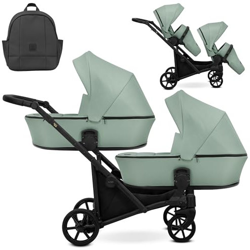 Kunert BRAV DUO Zwillingskinderwagen 2 in 1 + Zubehör: Komfort, Sicherheit, Praktikabilität, elegantes und funktionales Design, vielseitiges System, Aluminiumrahmen (Mint/schwarzes Gestell)