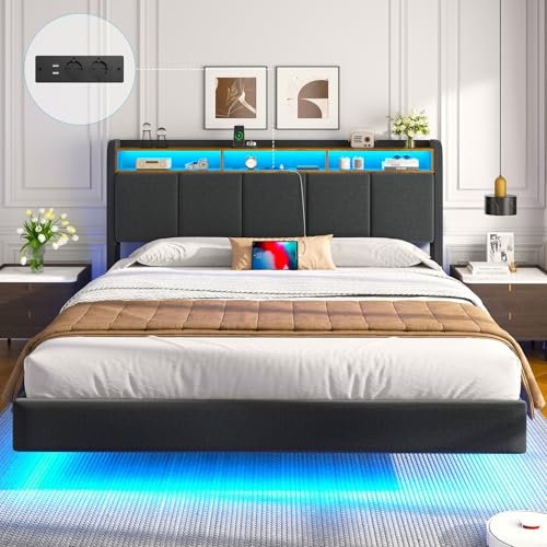 Brinlawb Lit 180x200 avec Sommier, Cadre de lit 180x200cm avec Éclairage LED et 2 Prises CA & 2 Ports USB, Tête de lit Rembourrée avec Rangement, Structure Stable, Effet Flottant, Tissu en Lin, Gris