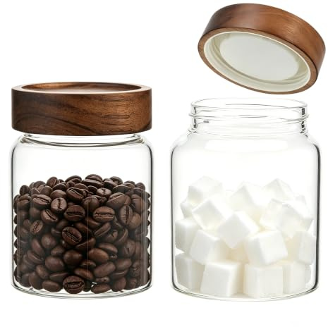 Foyofly Glass Coffee Storage Jar with Wooden Lids Spoon Thicken Canister Borosilicate Food Containers for Ground Coffee Beans Overnight Oatmeal Tea (2×300ml(10oz))