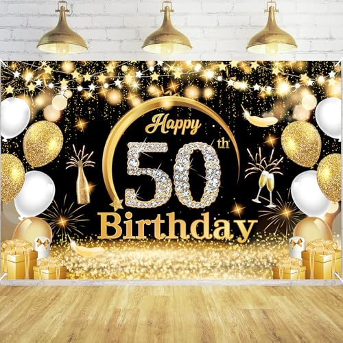 Fairymaiden 50. Geburtstag Banner Schwarz Gold Frau Mann Deko Hintergrund Happy Birthday Banner 50 Jahre Geburtstagsbanner für 50 Party Schwarz Gold Polyester mit Seil Geburtstagsdeko 150 x 100cm