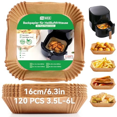 Inwee 120PCS Air Fryer Liners, 16-20cm (6.3-8 in) Square Air Fryer Paper Liners Disposable, Compatible with COSORI,Ninja, Tefal,Tower Air Fryers,Non-Stick Greaseproof Air Fryer Accessories,Unbleached
