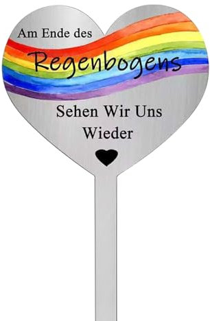 Cosswe Grabstecker Edelstahl Herz Trauerdekoration mit Spruch Am Ende des Regenbogens Sehen Wir Uns Wieder Metall Stahl Rost Grabstecker Grabschmuck Grabdekoration für Gärten Höfe Andenken Dekoherz