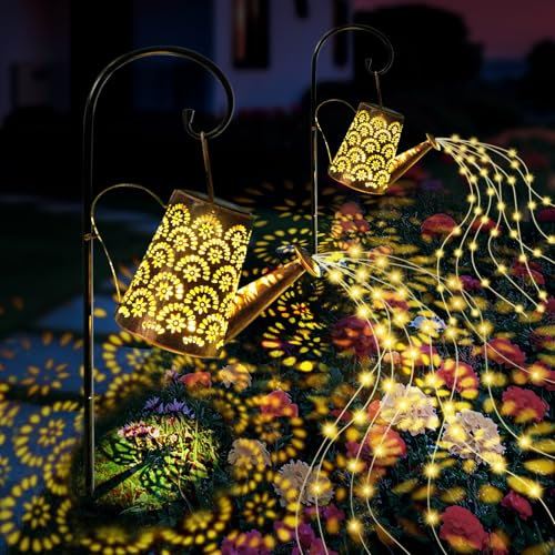 Solar Lichterkette Gießkanne, 2 Stück Solarlampen für außen mit Schäferhaken, Solarlaterne IP65 Wasserdicht, LED Lichterketten für Gartendeko, Außen, Hof, Weg, Blumenbeet