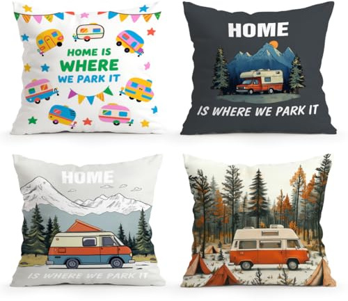 LANBEIDE Caravan Cushion Cover 45x45cm Set of 4, Home is Where We Park it Pillow Cover Campervan Accessories UK Prensent Camper Motorhome Gadget Decor Bed Couch Sofa 18x18