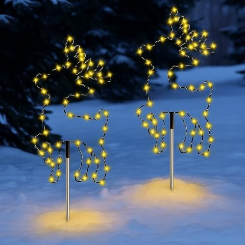 Fiada 2 LED Rentier Metall mit Timer Außen Weihnachten Weihnachtsdeko | Gartenstecker als Gartendeko, Beleuchtete Weihnachtsbeleuchtung, LED Leuchtstäbe für Außenbereich, Hirsch Design