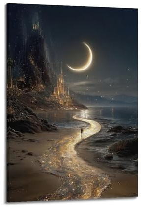 XMUXCY Wanddeko für Schlafzimmer, Leinwandposter, Fantasy-Poster, Mondschloss, am Meer, bezauberndes und magisches Gemälde, 30 x 45 cm, Rahmenstil
