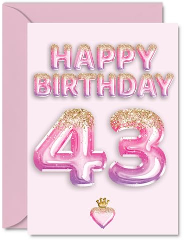 43rd Birthday Cards for Women and Men, Pink & Purple Glitter Balloons | Happy Birthday Card for 43 Year Old Man Woman Nephew Brother Friend Neighbour, A5 Bday Greeting Cards