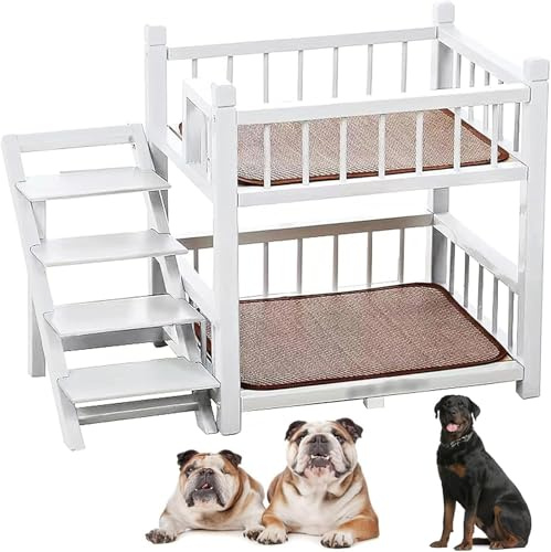 Pet Bunk Bed with Stairs, Dog/Cat Bunk Bed, Small Medium Large Dogs Pet Bunk Bed with Stairs, Removable Double Layer Pet Bed with Stairs, for Bedside, Home, Indoor Use.(White,Large)