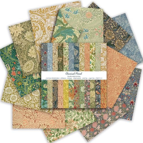 24 Blatt Scrapbook Papier Doppelseitiges Vintage Blumen Muster Bastelpapier | 30.5 x 30.5 cm, 24 Designs Motivpapier, Decoupage Papier für Scrapbooking, Fotoalben, DIY Karten, Geschenk Dekoration