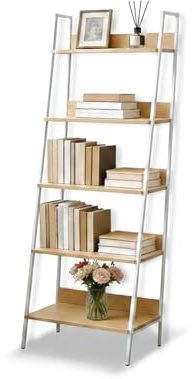 Relaxdays Standregal, modernes Leiterregal mit 5 Ablagen, für Pflanzen, Bücher & Deko, HBT: 170 x 60 x 30 cm, Natur-weiß