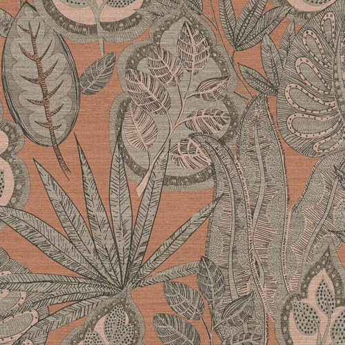 Profhome Palmen Tapete 393462-GU heißgeprägte Vliestapete rosa taupe grau lachs-rot 0,53 m x 10,05 m = 5,33 m2