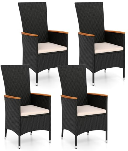 COSTWAY Gartenstühle Hochlehner 4er Set, Rattan Gartensessel mit Sitzkissen | Terrassenstühle wetterfest, Balkonstühle bis 180 kg belastbar, für Garten, Balkon, Terrasse, Beige